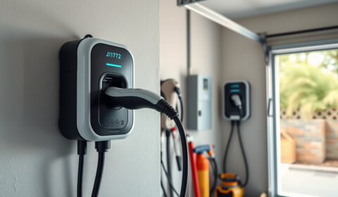 J1772 home EV charger plugged into an electric car in a garage