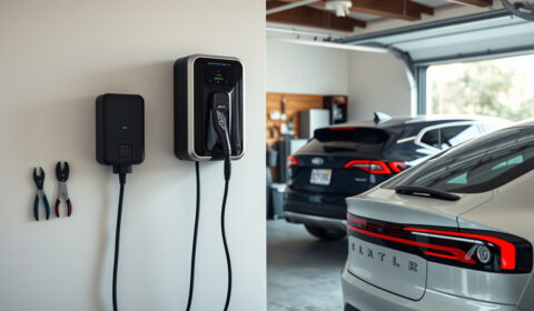 NACS home EV charger plugged into an electric car in a clean garage