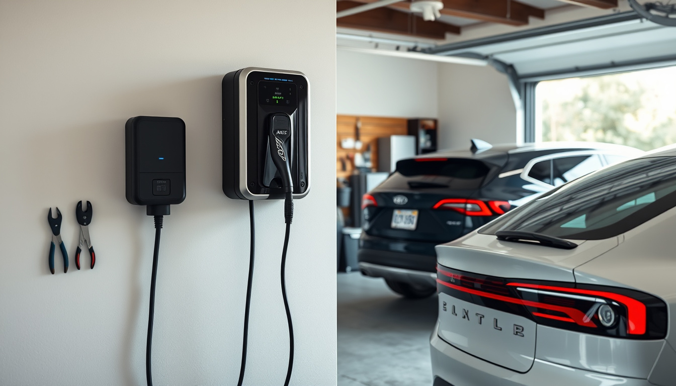 NACS home EV charger plugged into an electric car in a clean garage