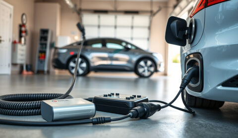 Portable EV charger with coiled cable beside an electric car in a home garage