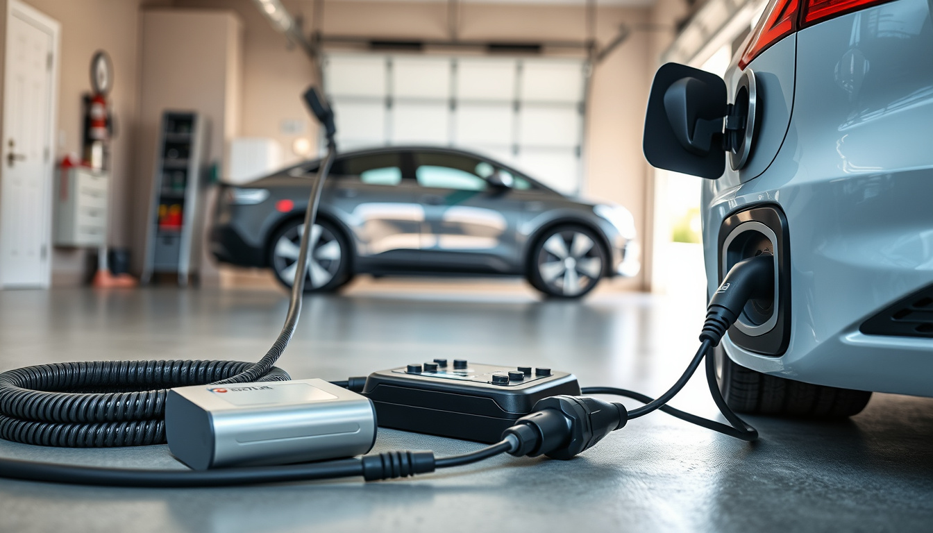 Portable EV charger with coiled cable beside an electric car in a home garage