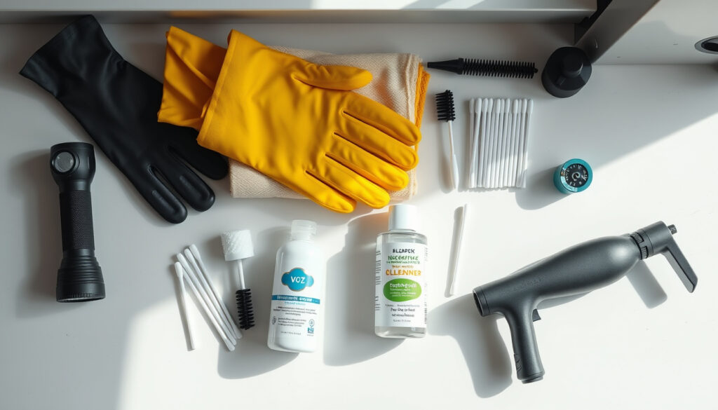 EV charging port cleaning kit with gloves, swabs, brush, cloth, cleaner, and air blower
