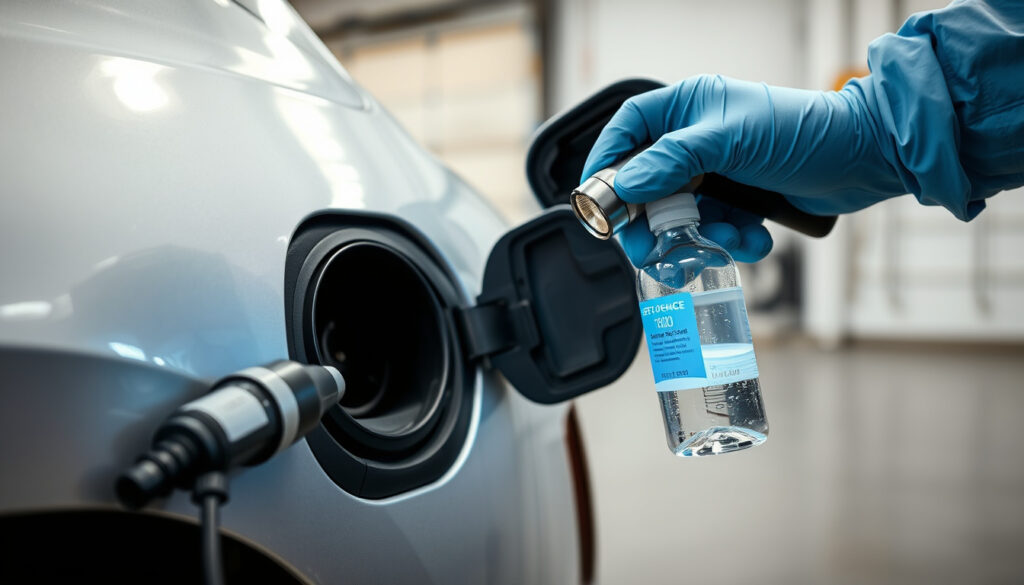 Gloved inspection of an unplugged EV charging port before cleaning
