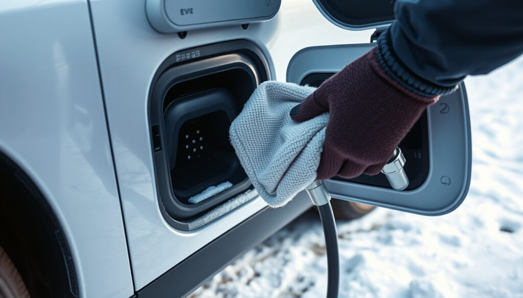 Wiping salt and frost from the outside of an EV charging port in winter