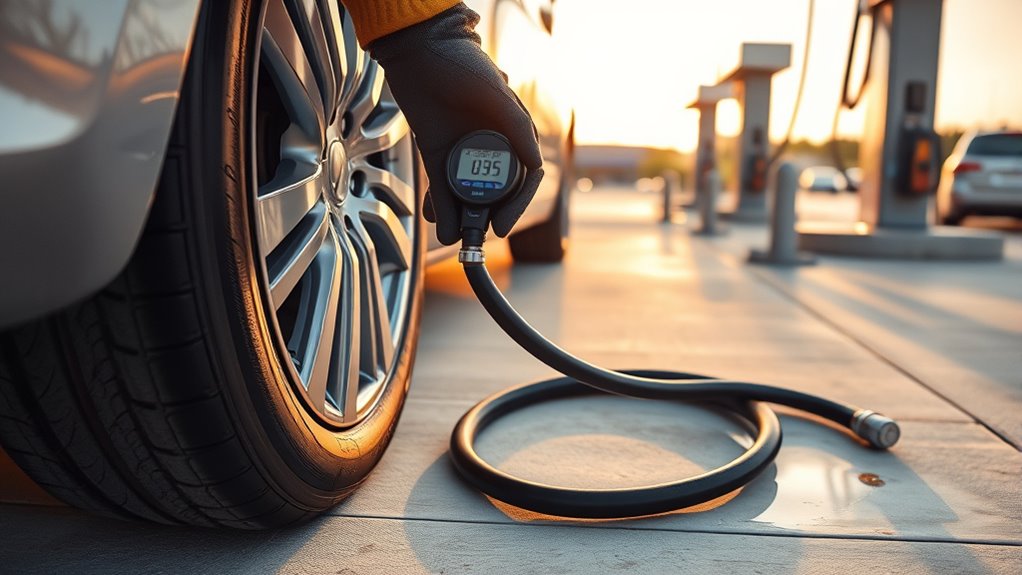 checking tire pressure with a tire pressure gauge