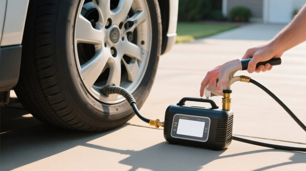 Portable tire inflator connected to a car tire valve