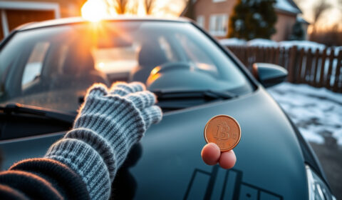 Winter car-care hacks shown on a parked car with covered wipers, tire check, and cup holder liner
