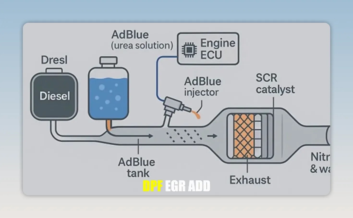 Diagram labeled with a diesel tank, AdBlue tank, engine ECU, AdBlue injector, and SCR catalyst