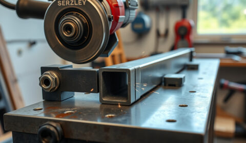 Angle grinder cutting steel tube with a clamped DIY guide on a workshop bench