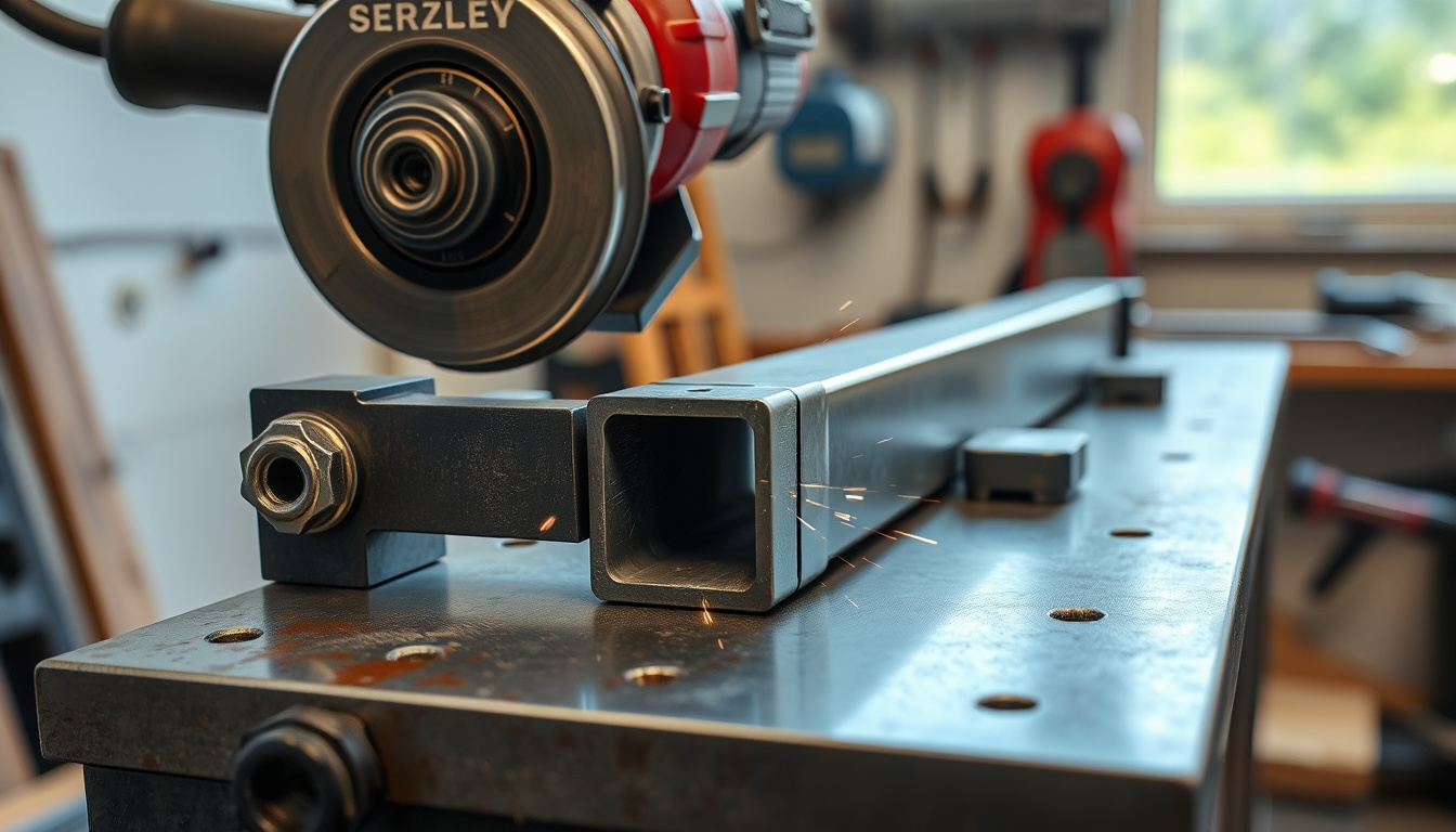 Angle grinder cutting steel tube with a clamped DIY guide on a workshop bench
