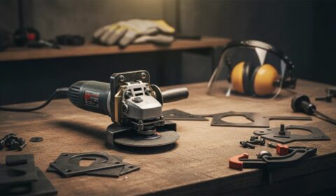 Angle grinder with a DIY adapter on a workshop bench alongside safety gear and metal parts for tool conversion