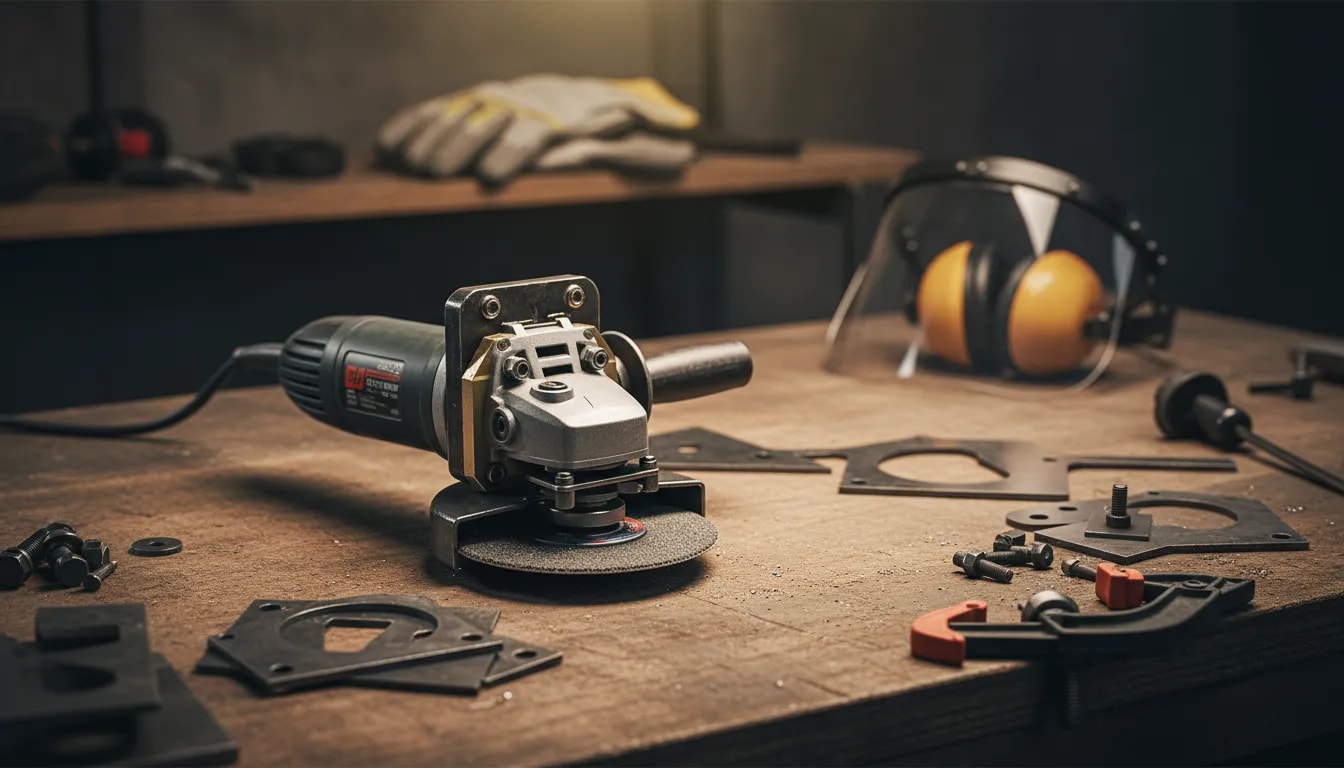 Angle grinder with a DIY adapter on a workshop bench alongside safety gear and metal parts for tool conversion