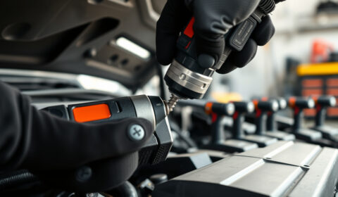 Compact 12V impact driver fastening a bracket in a tight automotive workspace