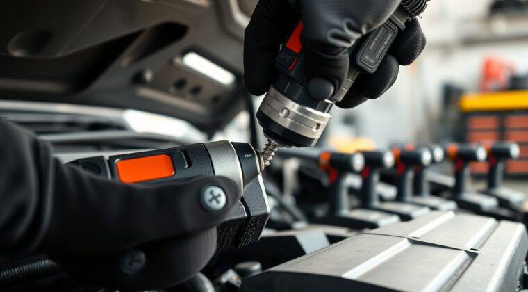 Compact 12V impact driver fastening a bracket in a tight automotive workspace