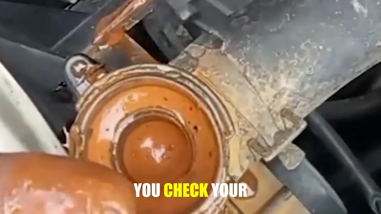 Open coolant reservoir containing thick brown fluid with residue around the filler neck