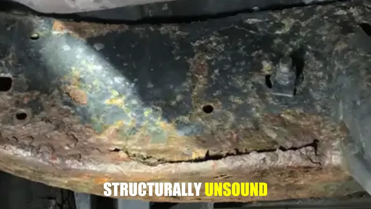 Close-up of a corroded Toyota Tundra frame rail with flaking metal and a long crack