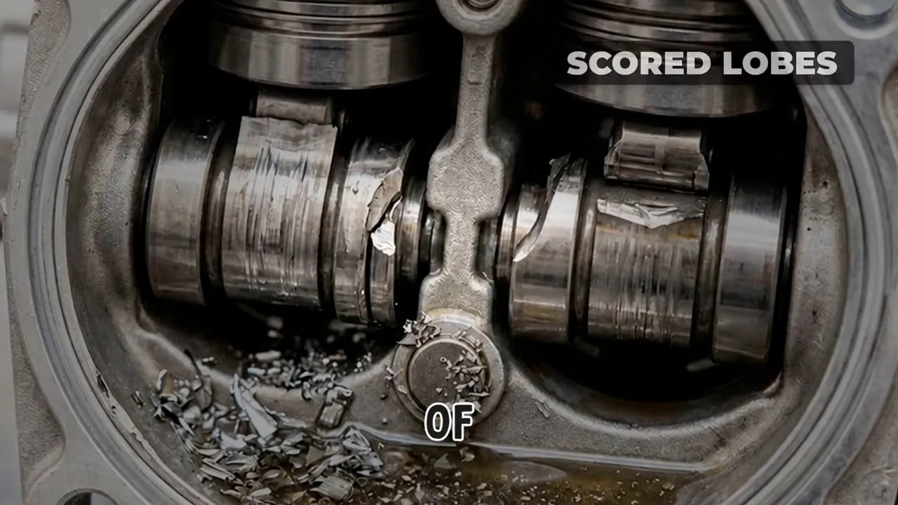 Opened pump assembly with scored internal surfaces and metal debris