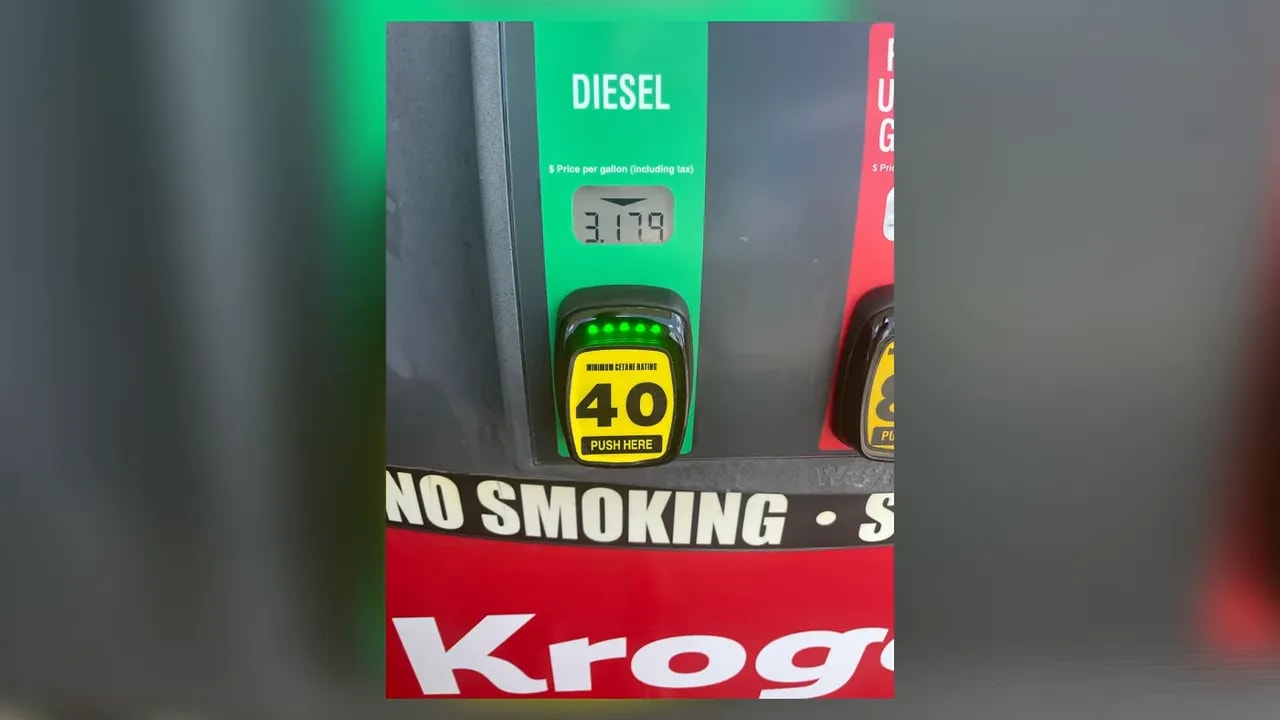 Diesel pump panel with a yellow minimum cetane rating label showing 45