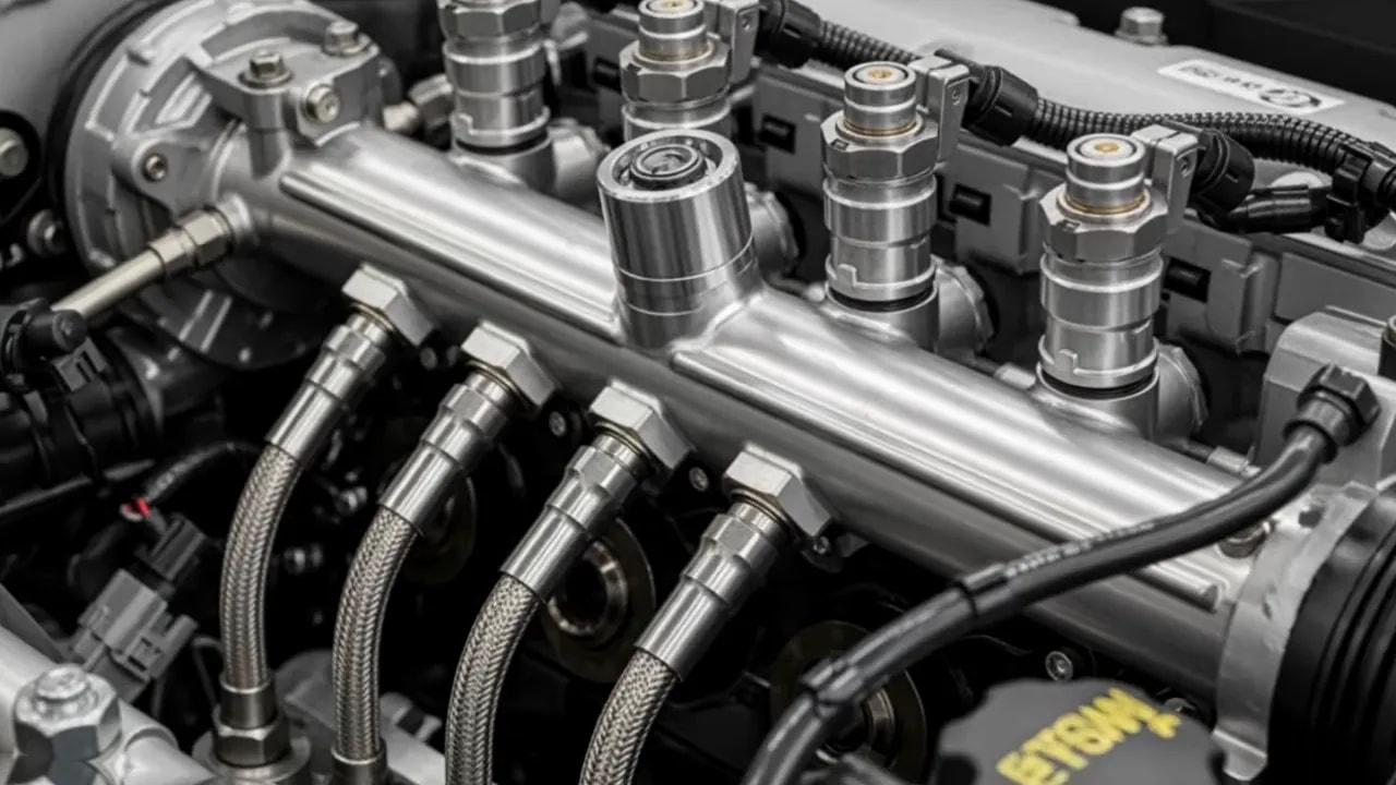 Common fuel rail with several connected injectors and curved metal fuel lines