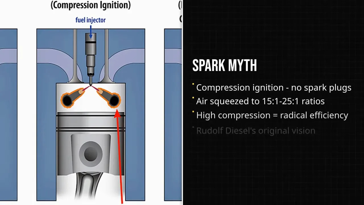 Compression-ignition diagram showing a fuel injector above a piston beside explanatory bullet points