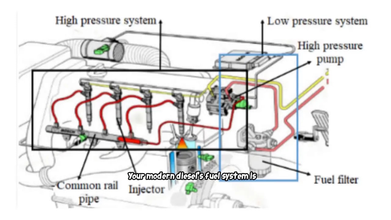 Diesel common-rail fuel system showing injectors, high-pressure pump, rail, and fuel filter