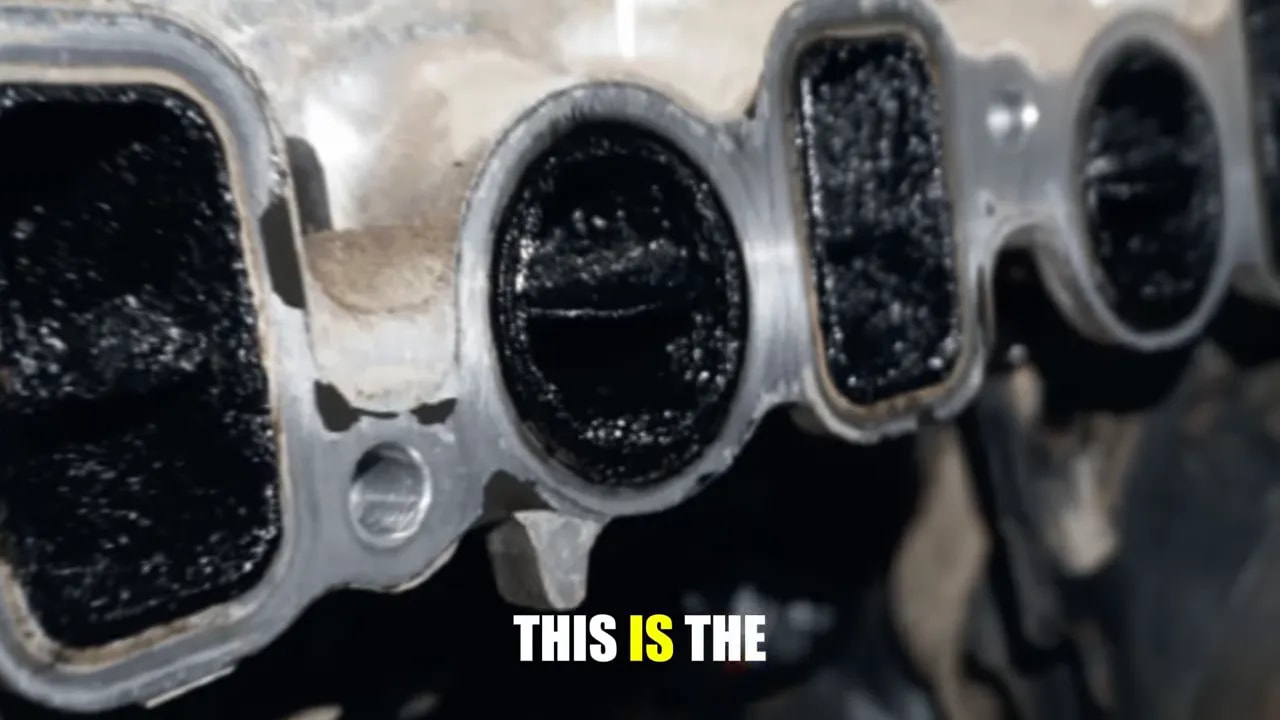 Exposed engine intake ports coated with thick black deposits