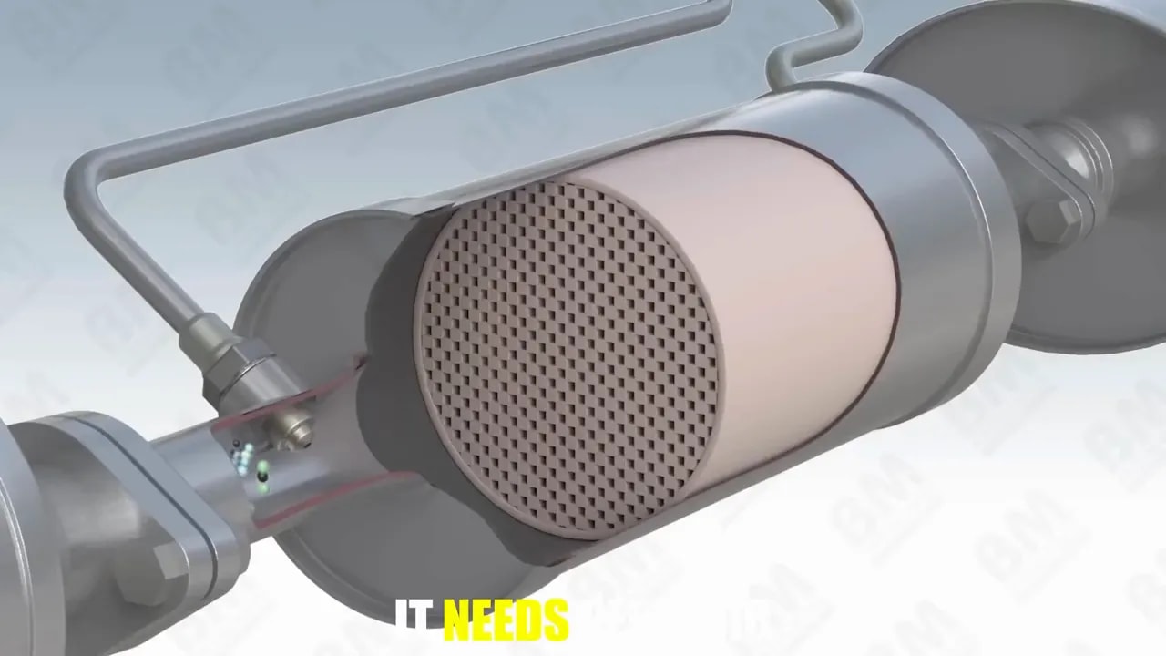 Cutaway illustration of an exhaust filter with a honeycomb core and connected sensor tubing