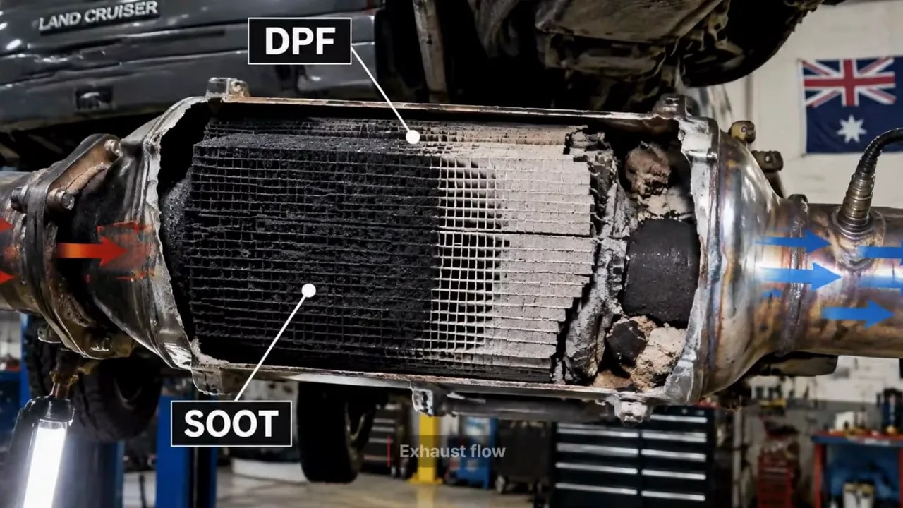 Cutaway diesel particulate filter with labels identifying soot and exhaust flow