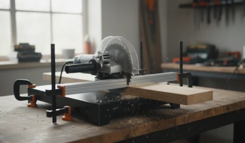 DIY angle grinder converted into a circular saw with blade guard, base plate, cutting guide, and stable mounting for straight wood cuts.
