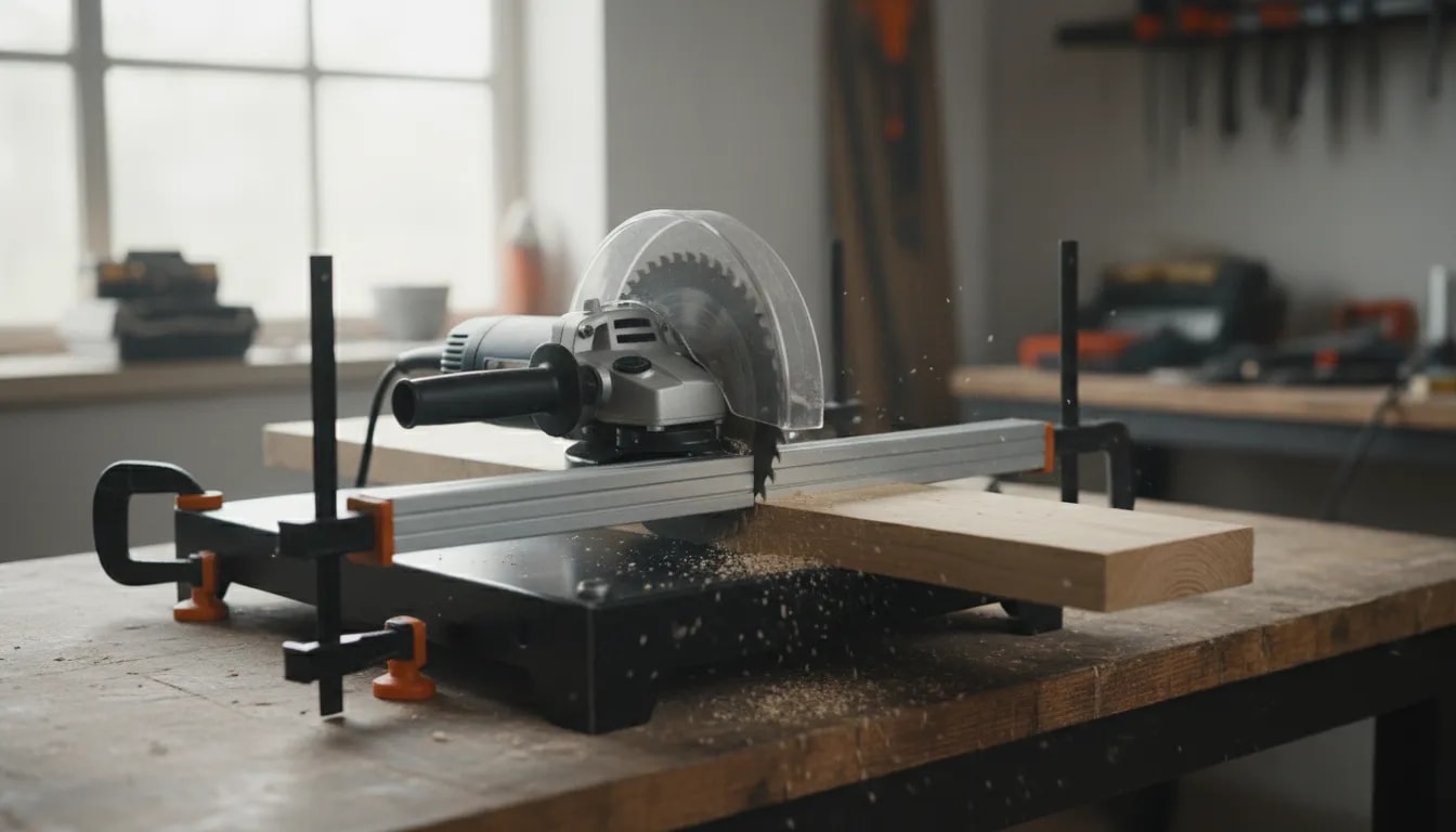 DIY angle grinder converted into a circular saw with blade guard, base plate, cutting guide, and stable mounting for straight wood cuts.