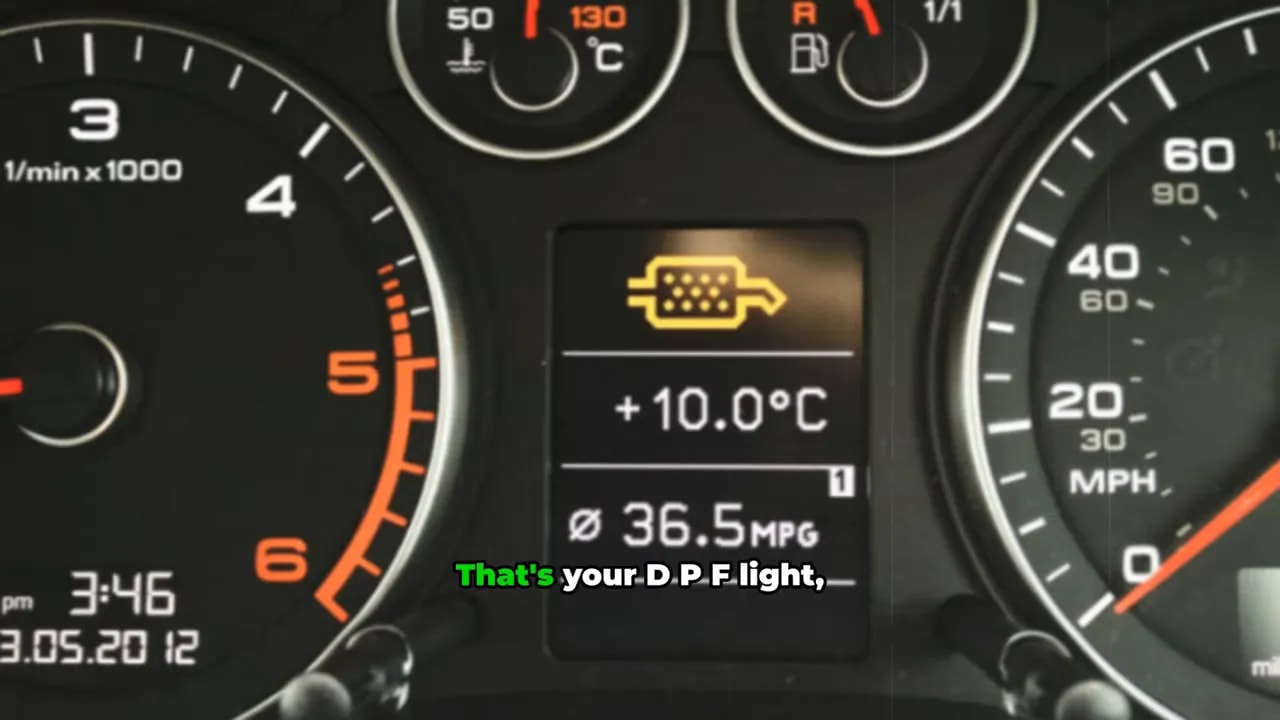 Instrument cluster displaying an amber particulate filter symbol