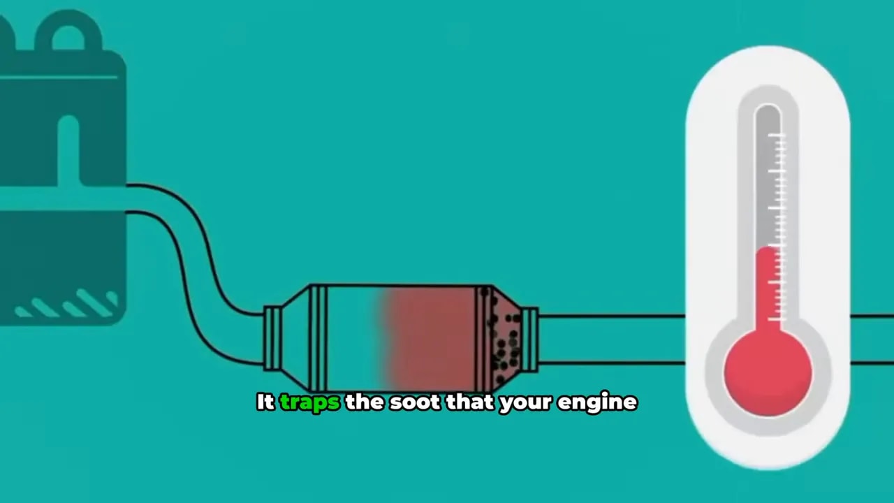 Diagram of an exhaust filter beside a thermometer graphic