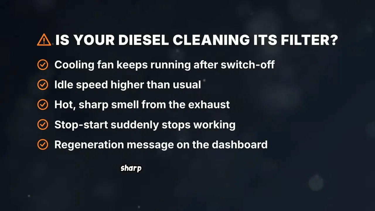 Checklist of regeneration clues including cooling fan operation, higher idle, exhaust smell, stop-start changes, and dashboard messages
