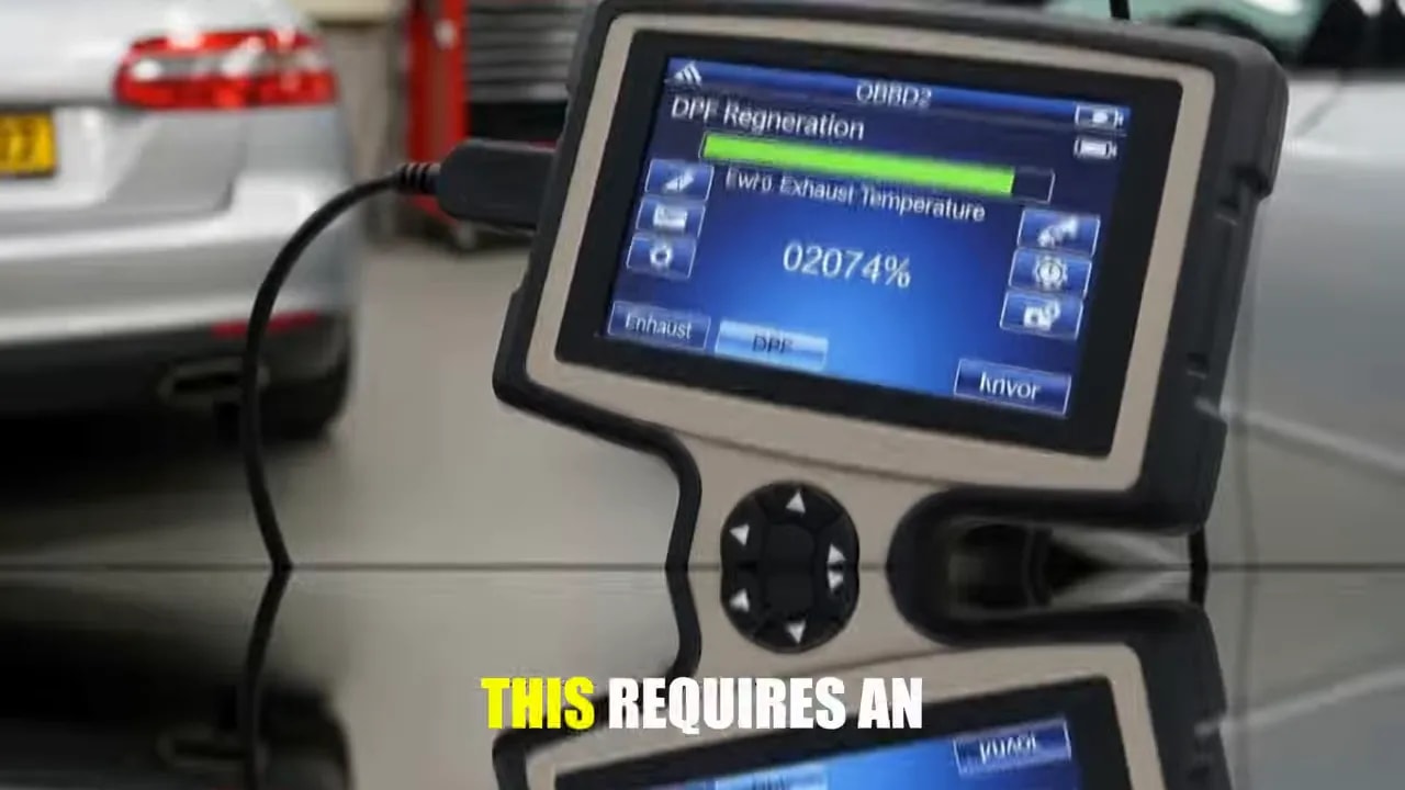 Diagnostic scanner displaying a DPF regeneration screen in a workshop
