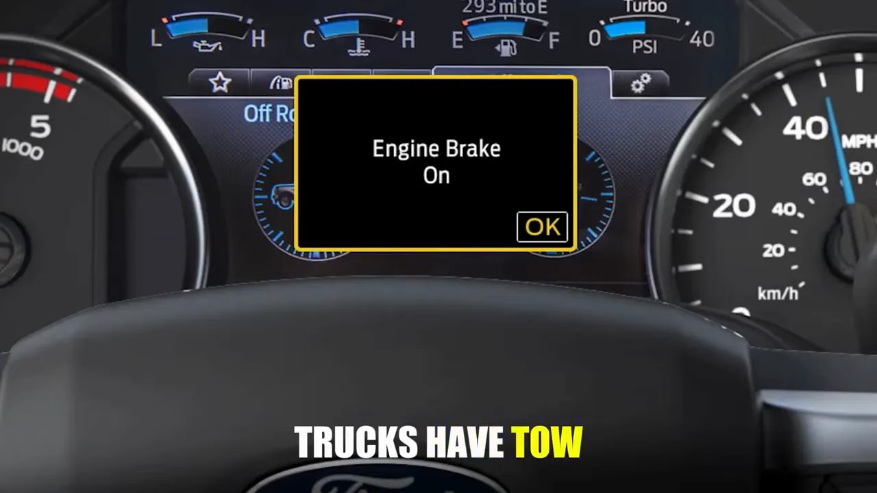 Instrument cluster displaying an Engine Brake On message