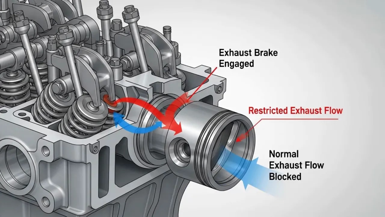 Engine cutaway with an engaged exhaust brake and arrows showing restricted exhaust flow
