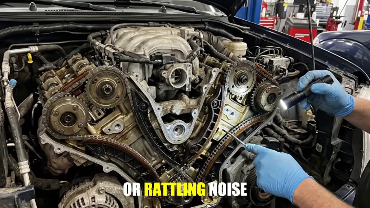 Exposed engine timing chains, guides, and sprockets during timing-system service