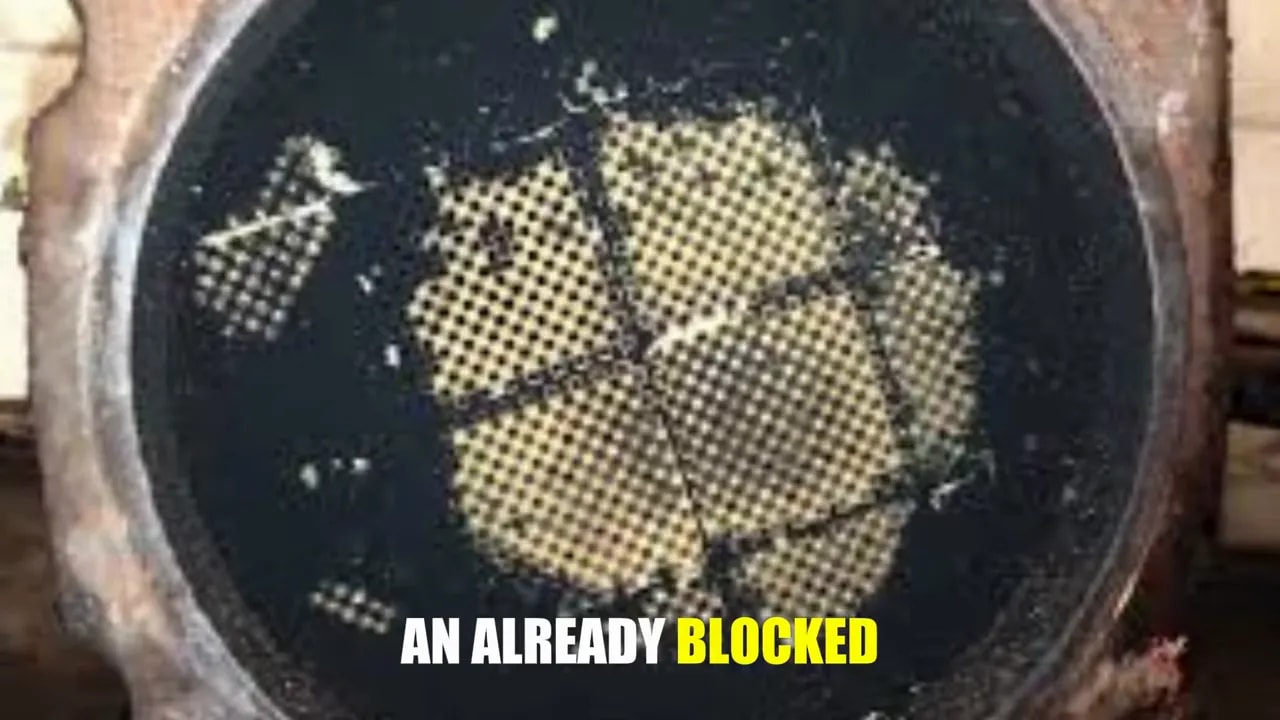Close-up of a circular filter face with dark deposits around its honeycomb surface