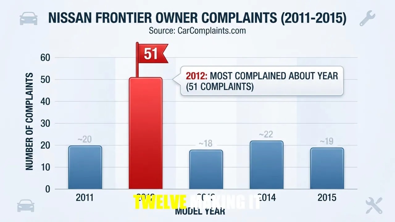 Bar chart comparing Nissan Frontier complaint totals from 2011 through 2015, with 2012 highlighted