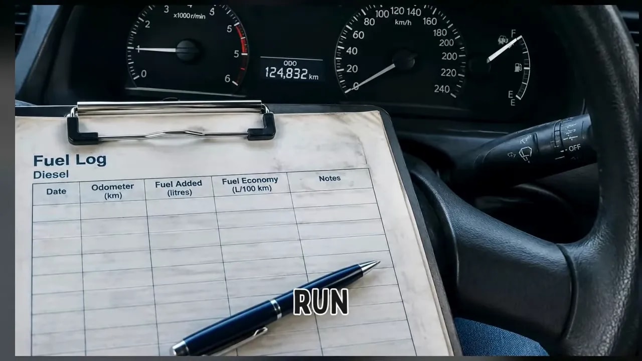 Fuel log sheet on a clipboard with a pen in front of a car instrument panel