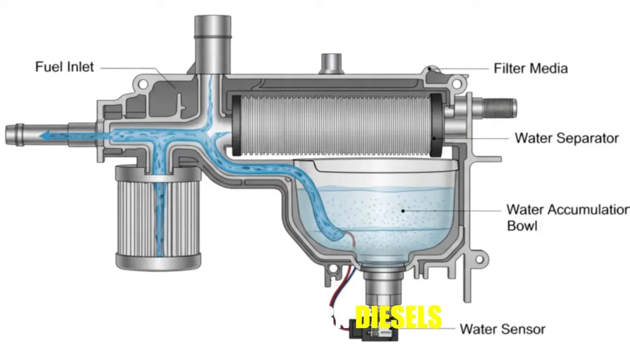 Fuel filter cross-section labeled with filter media, water separator, accumulation bowl, and water sensor