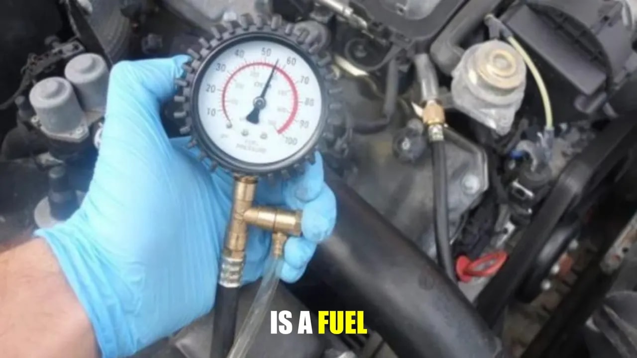Blue-gloved hand holding a pressure gauge and hose beside engine components