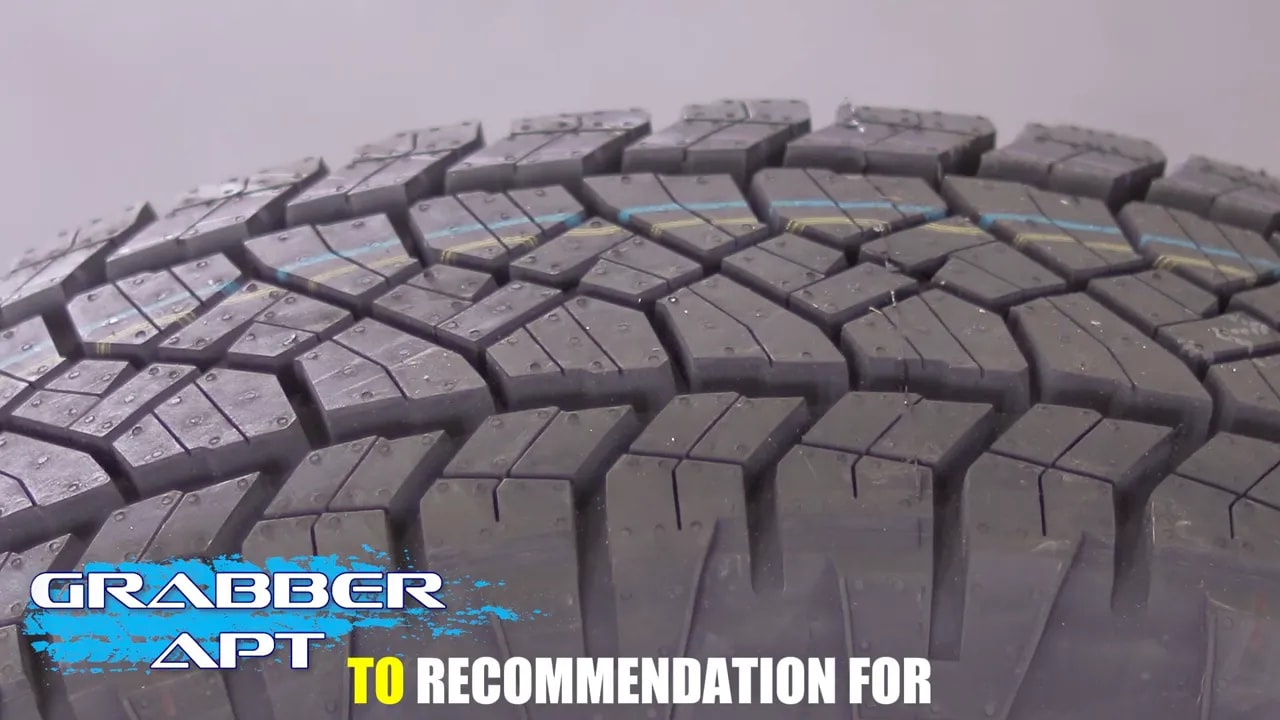 Close-up of a tire tread with a Grabber APT label