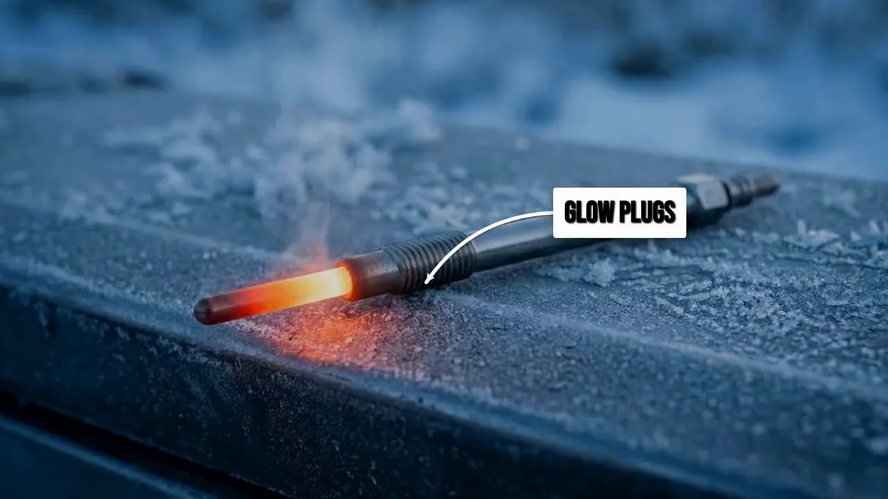 Glow plug with an orange heated tip resting on a frosty surface