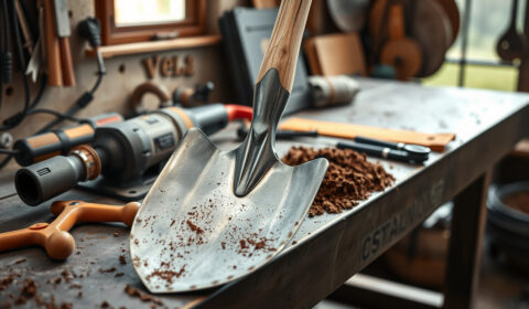 Modified old garden hoe on a workbench with welded digging, scooping, and pruning features.