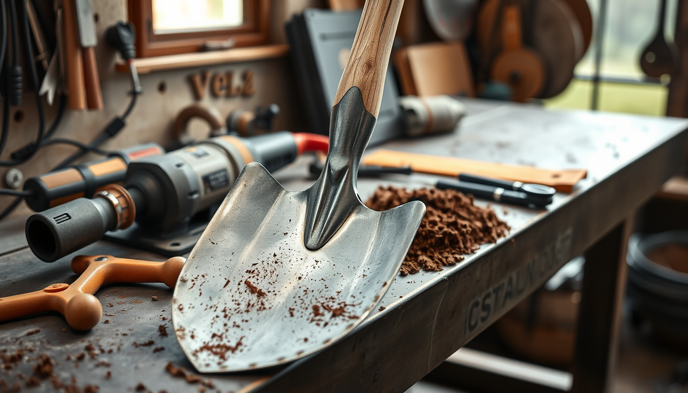 Modified old garden hoe on a workbench with welded digging, scooping, and pruning features.