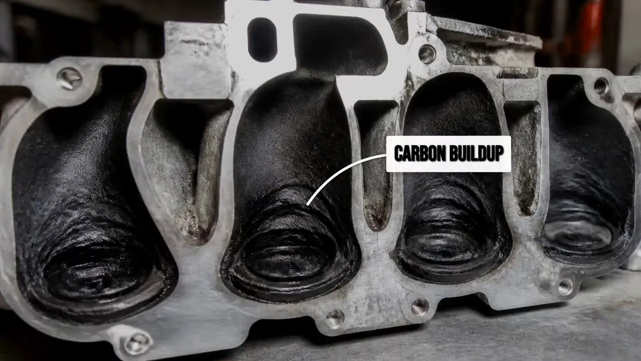 Removed intake manifold with dark deposits inside four passages