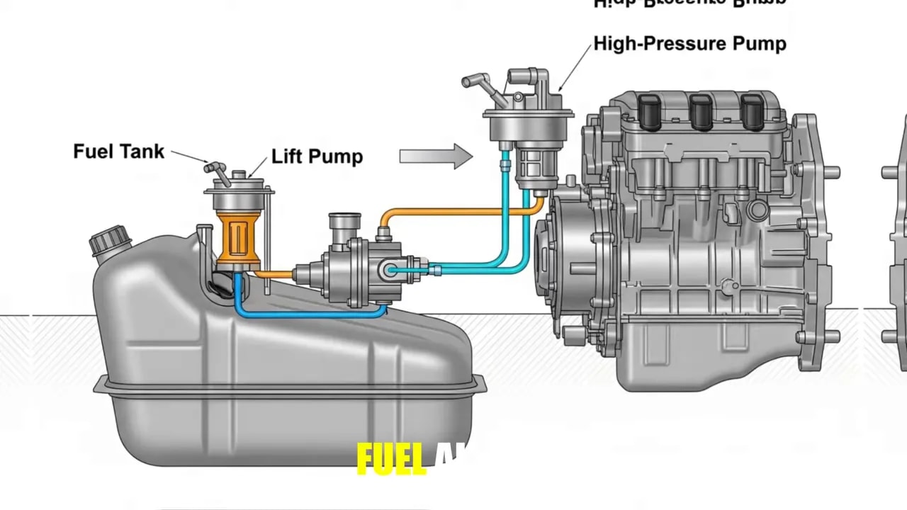Diagram labeling a fuel tank, lift pump, and high-pressure pump with connecting fuel lines