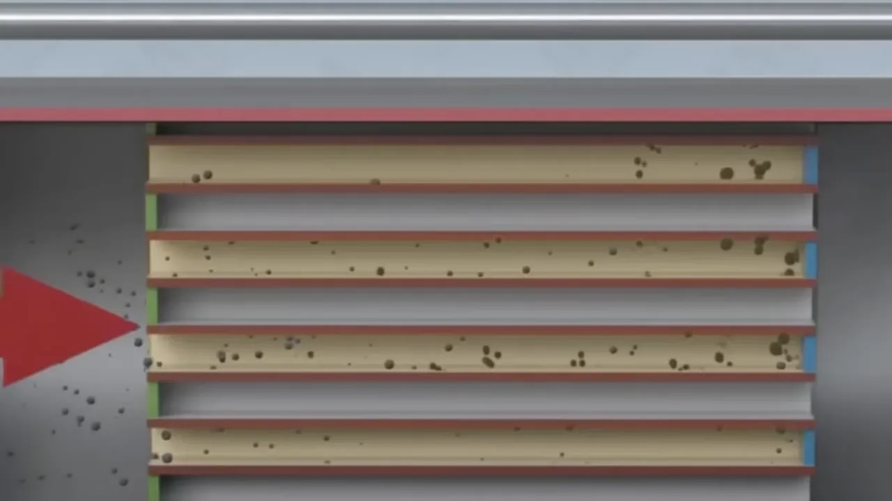 Animated filter channels with dark particles, a red inlet arrow, and a green outlet arrow