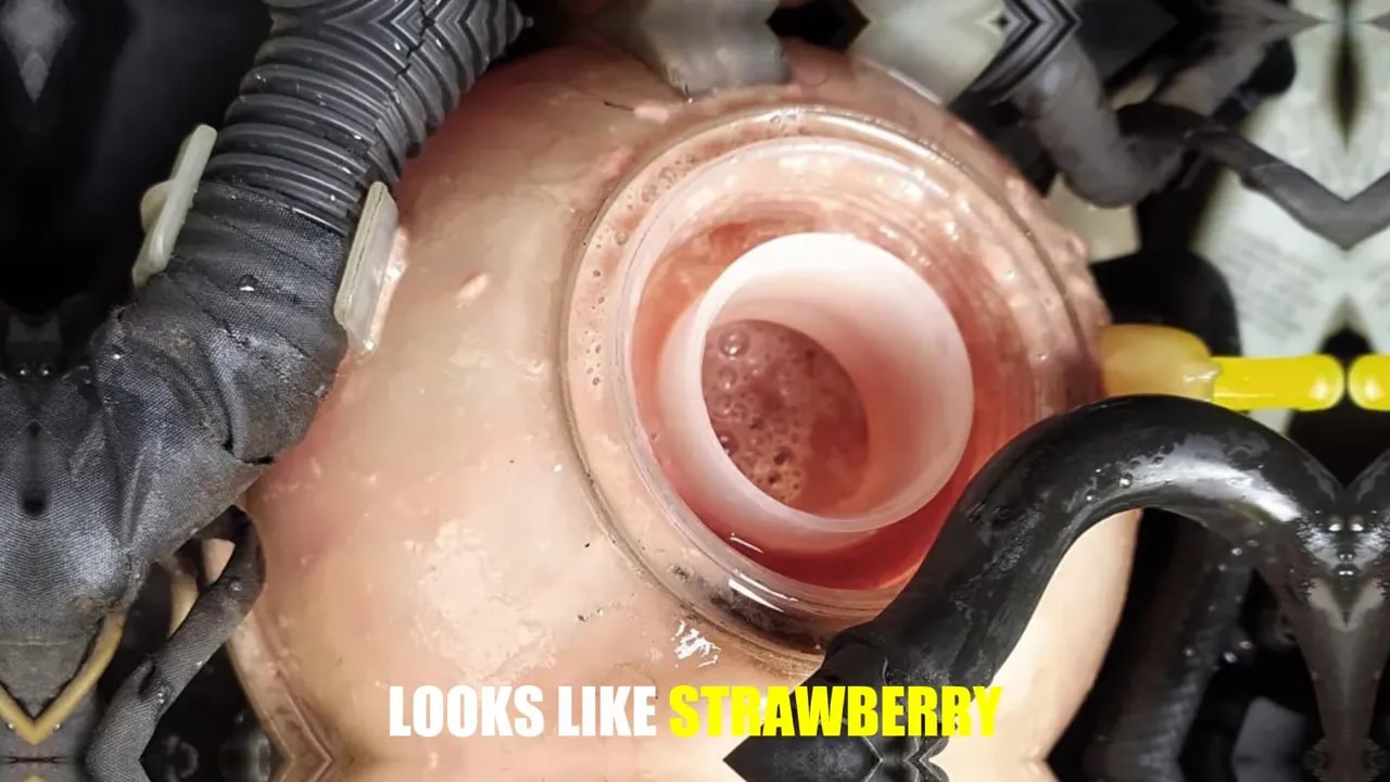 Pink, milky fluid in a coolant reservoir, a warning sign of coolant and transmission-fluid contamination